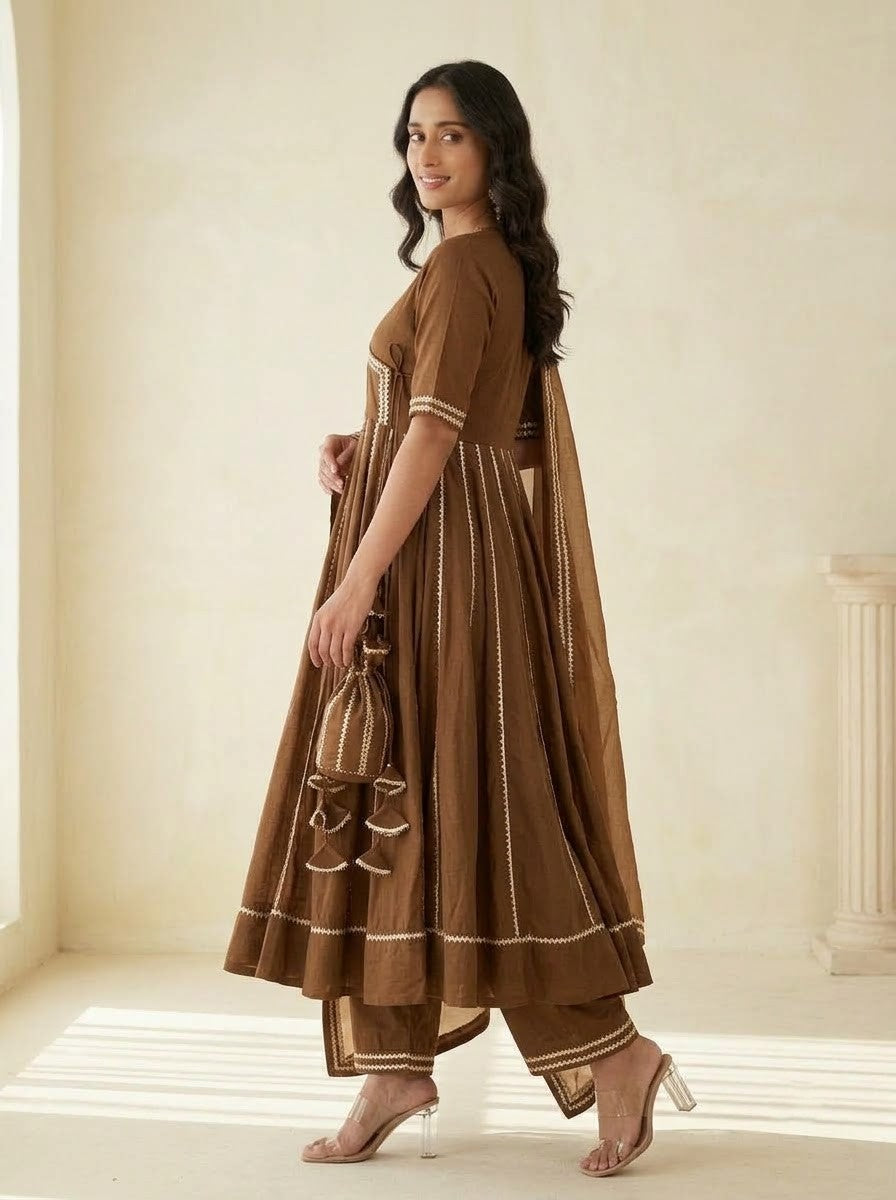 Chhipa bazar brown glace cotton gota patti angrakha set with organza dupatta