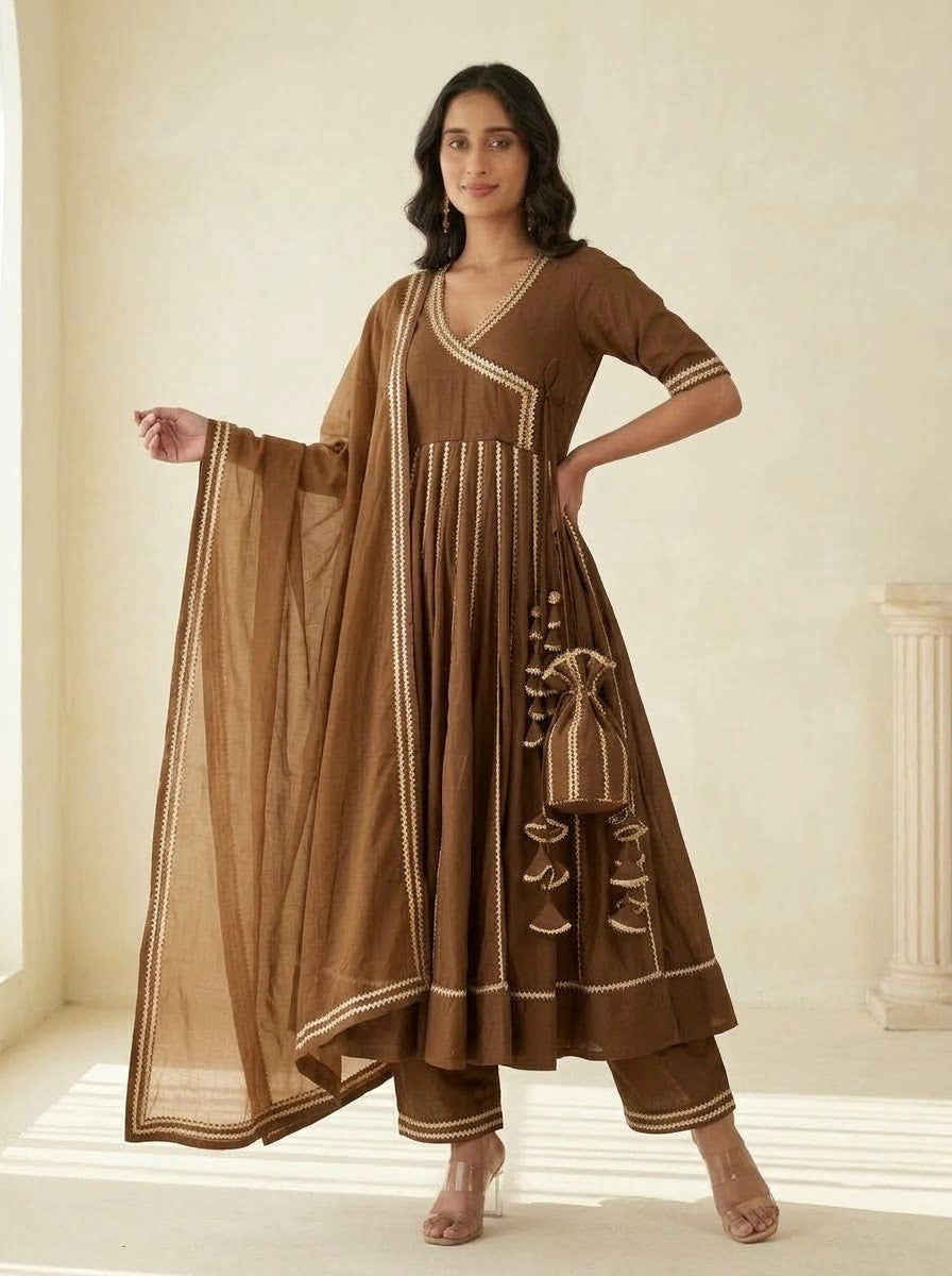Chhipa bazar brown glace cotton gota patti angrakha set with organza dupatta