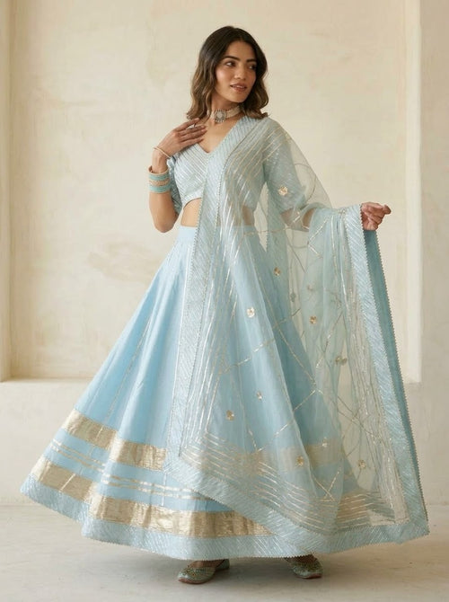 Ayesha blue cotton silk lehenga with lappa work and organza dupatta set