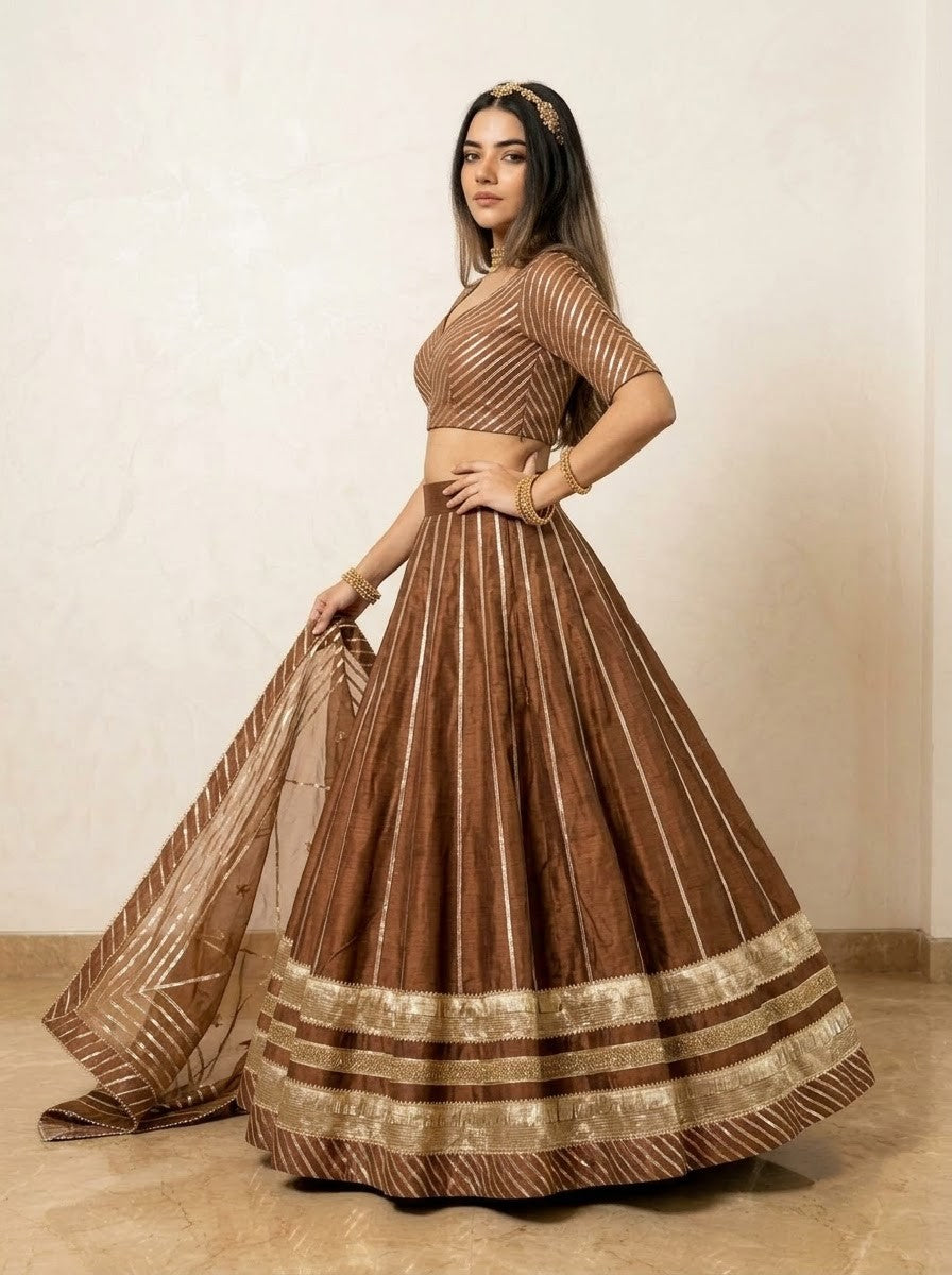 Bani thani brown cotton silk lehenga with lappa work and jaal work organza dupatta set
