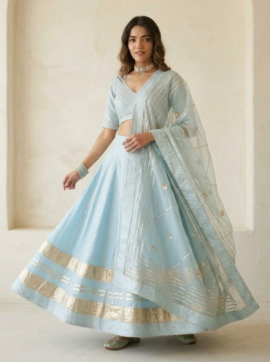 Ayesha blue cotton silk lehenga with lappa work and organza dupatta set