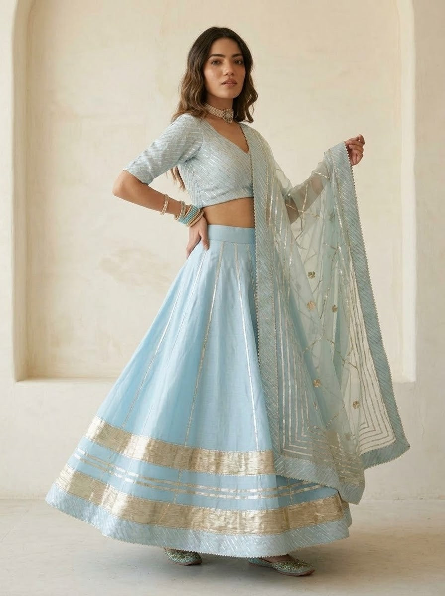 Ayesha blue cotton silk lehenga with lappa work and organza dupatta set