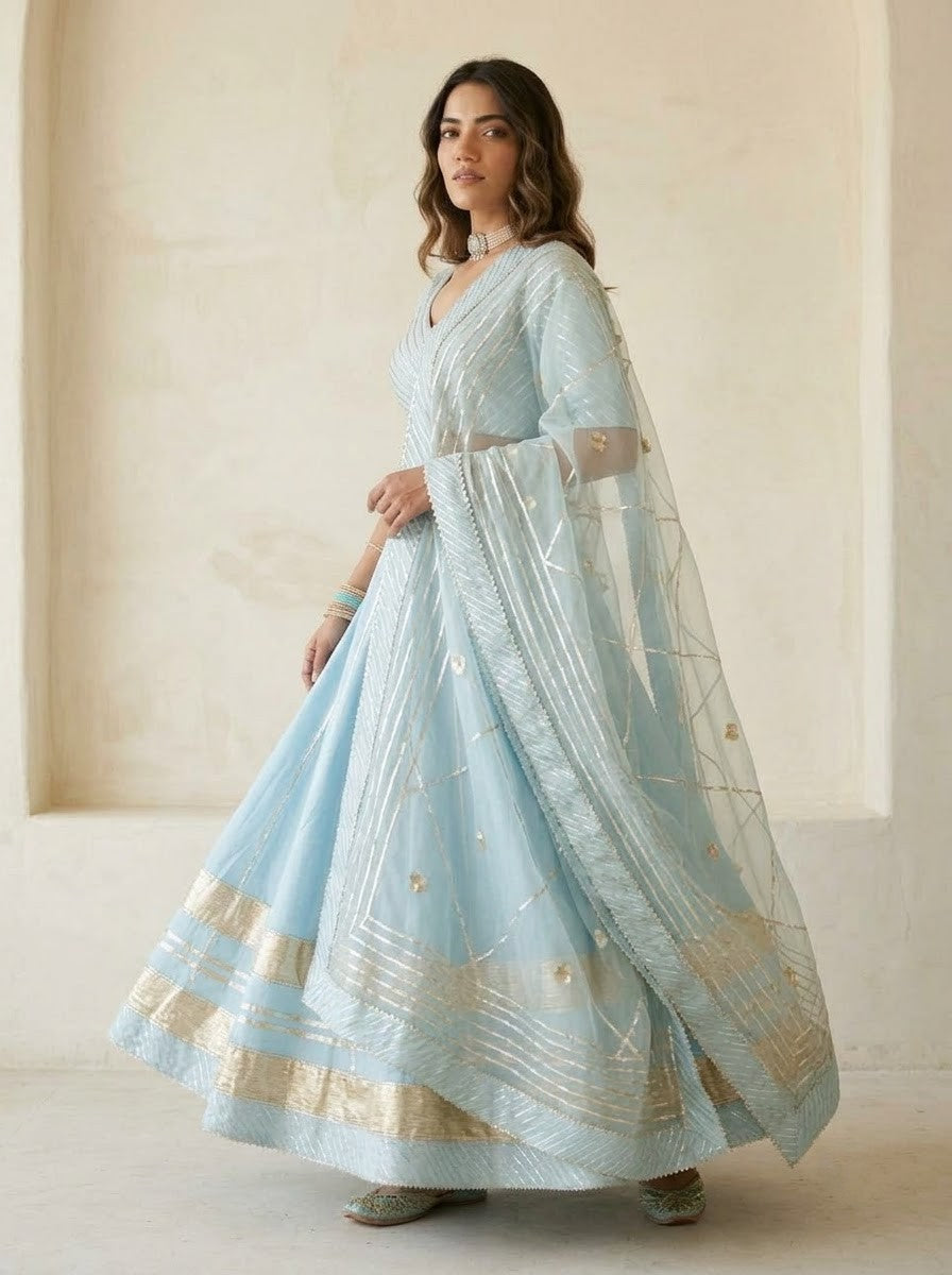 Ayesha blue cotton silk lehenga with lappa work and organza dupatta set