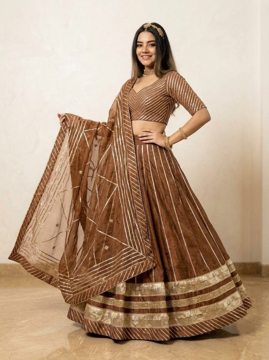 Bani thani brown cotton silk lehenga with lappa work and jaal work organza dupatta set