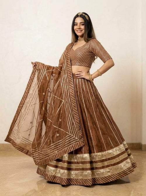 Bani thani brown cotton silk lehenga with lappa work and jaal work organza dupatta set