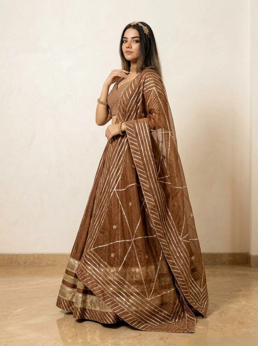 Bani thani brown cotton silk lehenga with lappa work and jaal work organza dupatta set