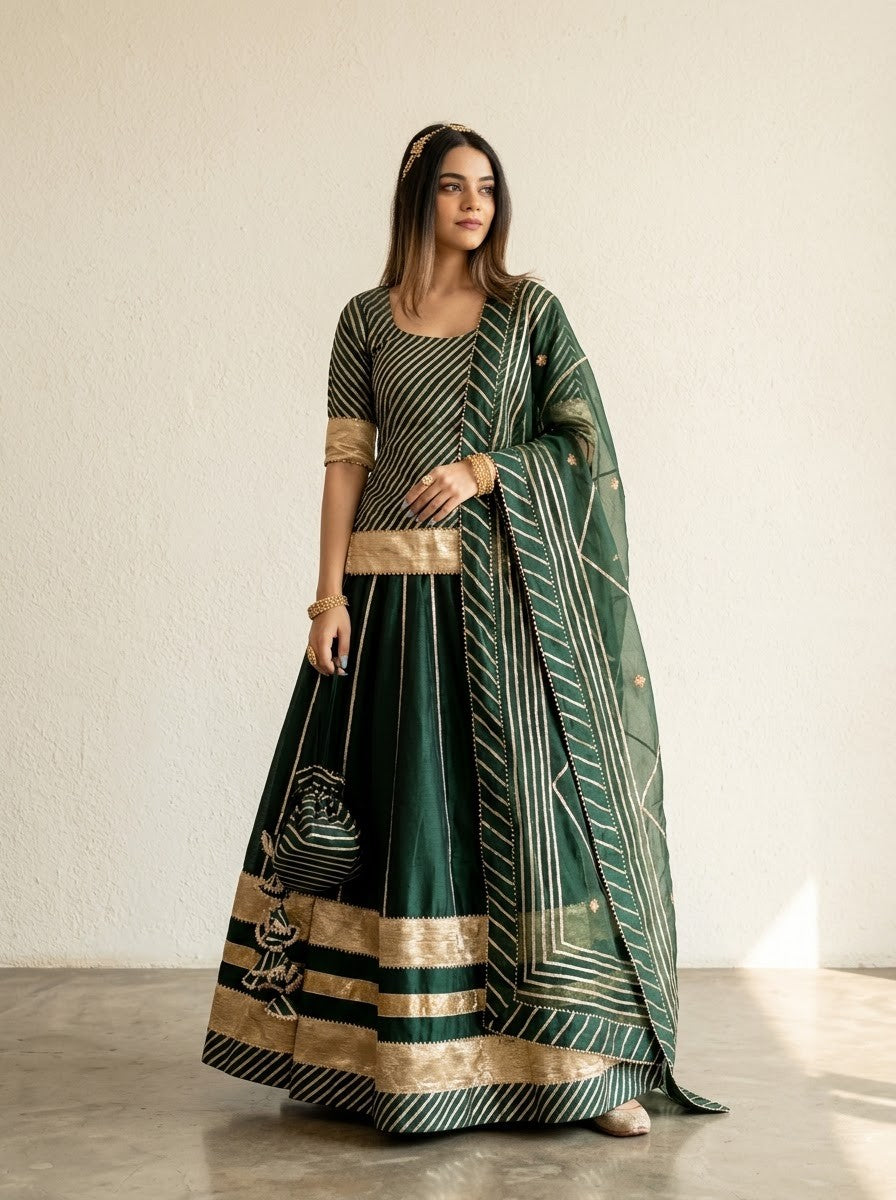 Baisa dark green cotton silk with lappa work lehenga and jaal work organza dupatta set