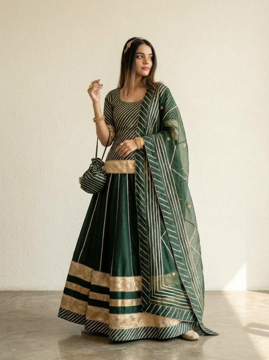 Baisa dark green cotton silk with lappa work lehenga and jaal work organza dupatta set
