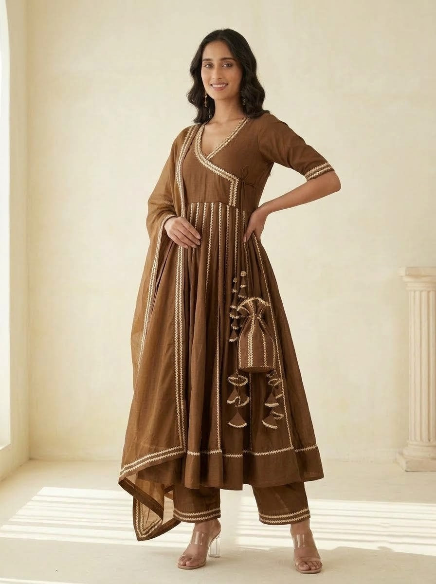 Chhipa bazar brown glace cotton gota patti angrakha set with organza dupatta