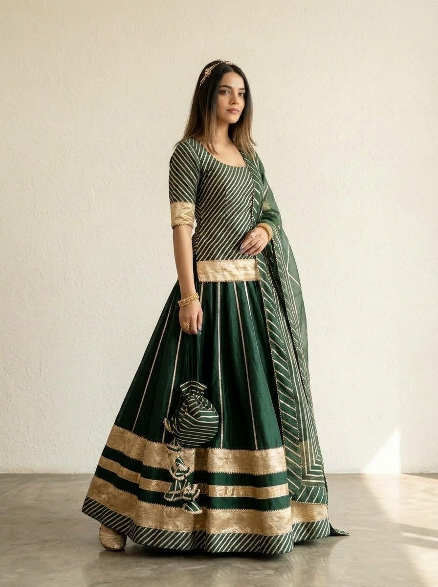 Baisa dark green cotton silk with lappa work lehenga and jaal work organza dupatta set
