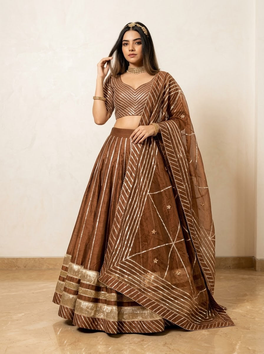Bani thani brown cotton silk lehenga with lappa work and jaal work organza dupatta set