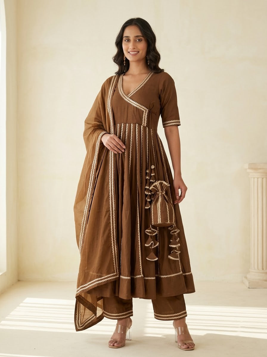 Chhipa bazar brown glace cotton gota patti angrakha set with organza dupatta